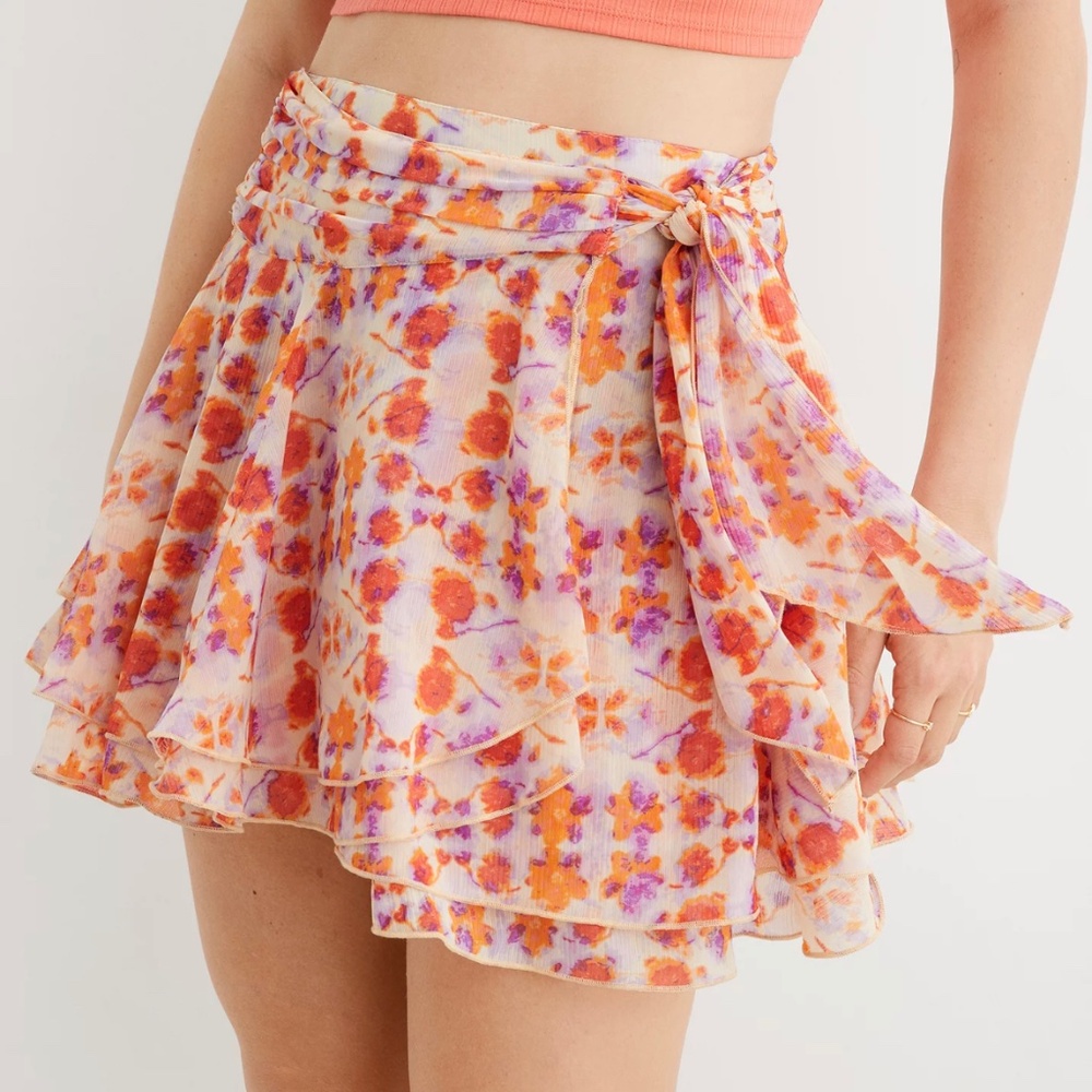 Aerie Chiffon Ruffle Wrap Bow Mini Skirt Garden Party Weekend Vibes Cottagecore